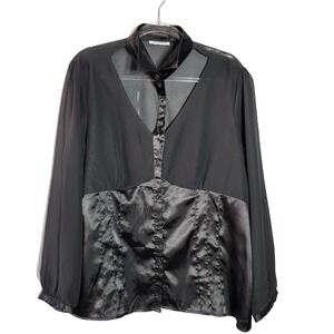 Cotton Express‎ Sheer Black Blouse Button Front Silk Blend Size 16